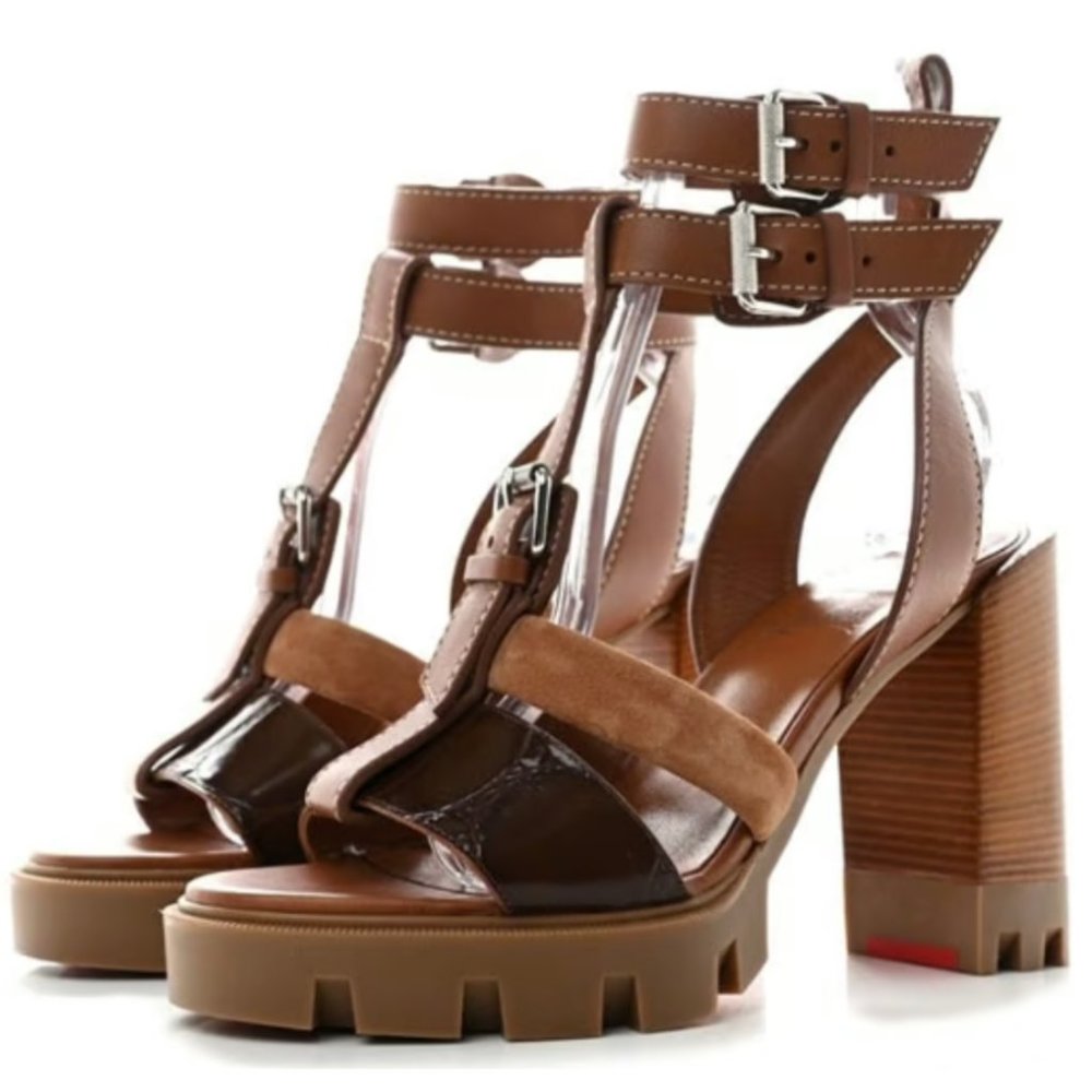 Christian Louboutin Calfskin Rangerissima Lug Sandal 100 size 40 in Cuoio Fauve